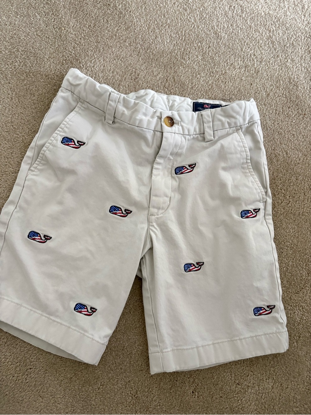 Vineyard Vines khaki Shorts with American Flag Whale Embroidery